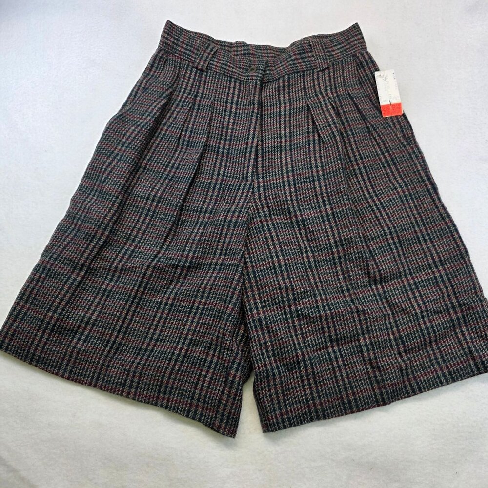 Vintage Camdan Place Check Wool Shorts 8 Green Red Wide Leg 90s Preppy Country